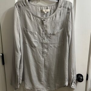 BNWT LOFT Light Gray Long Sleeve Sheer Blouse with Button Detail